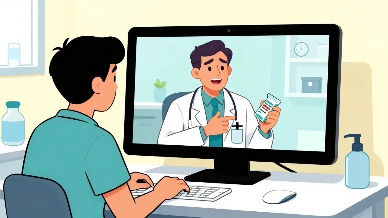 A doctor and patient using a video screen to communicate with a professional interpreter