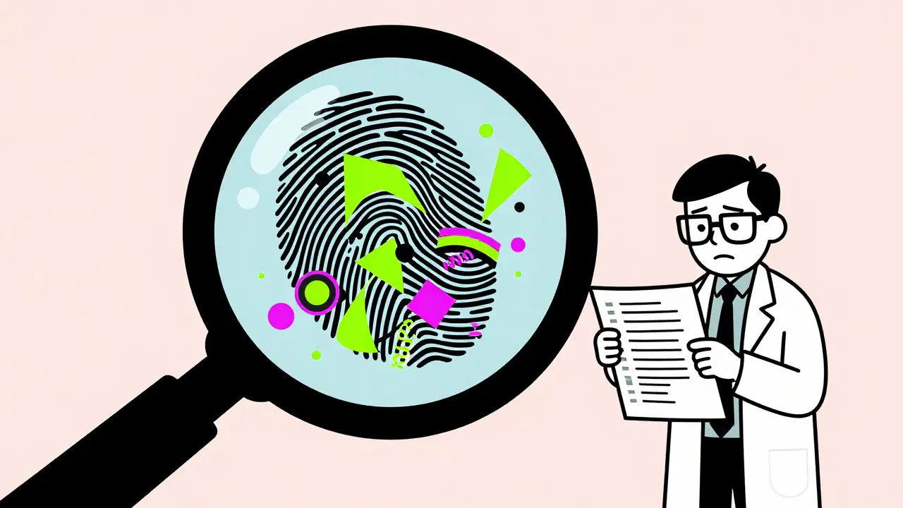 A giant magnifying glass analyzing a colorful molecular structure with a deadpan scientist nearby.