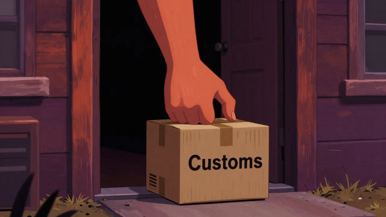 A large hand representing customs seizing a cardboard package on a doorstep.