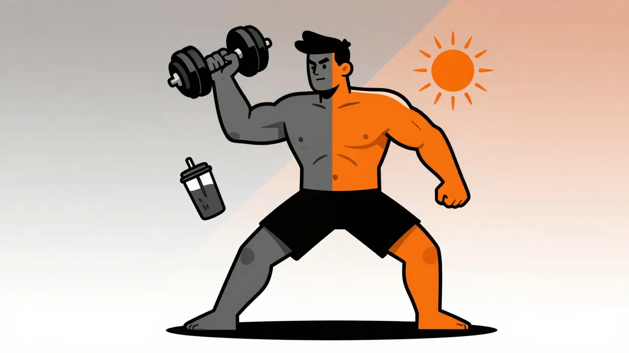 A man transitioning from a dull, tired state to an energetic, muscular version of himself.