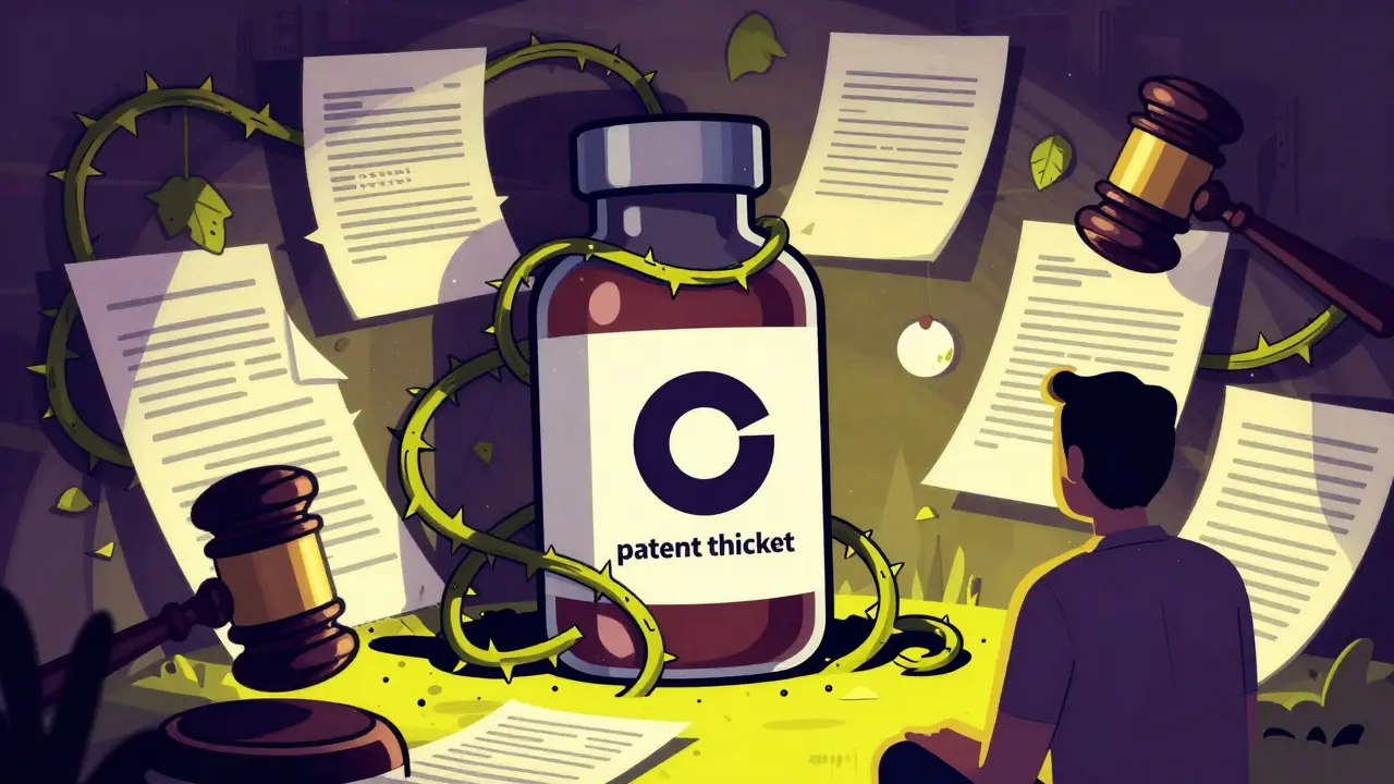 A medicine bottle trapped by a wall of thorny legal documents and giant gavels.