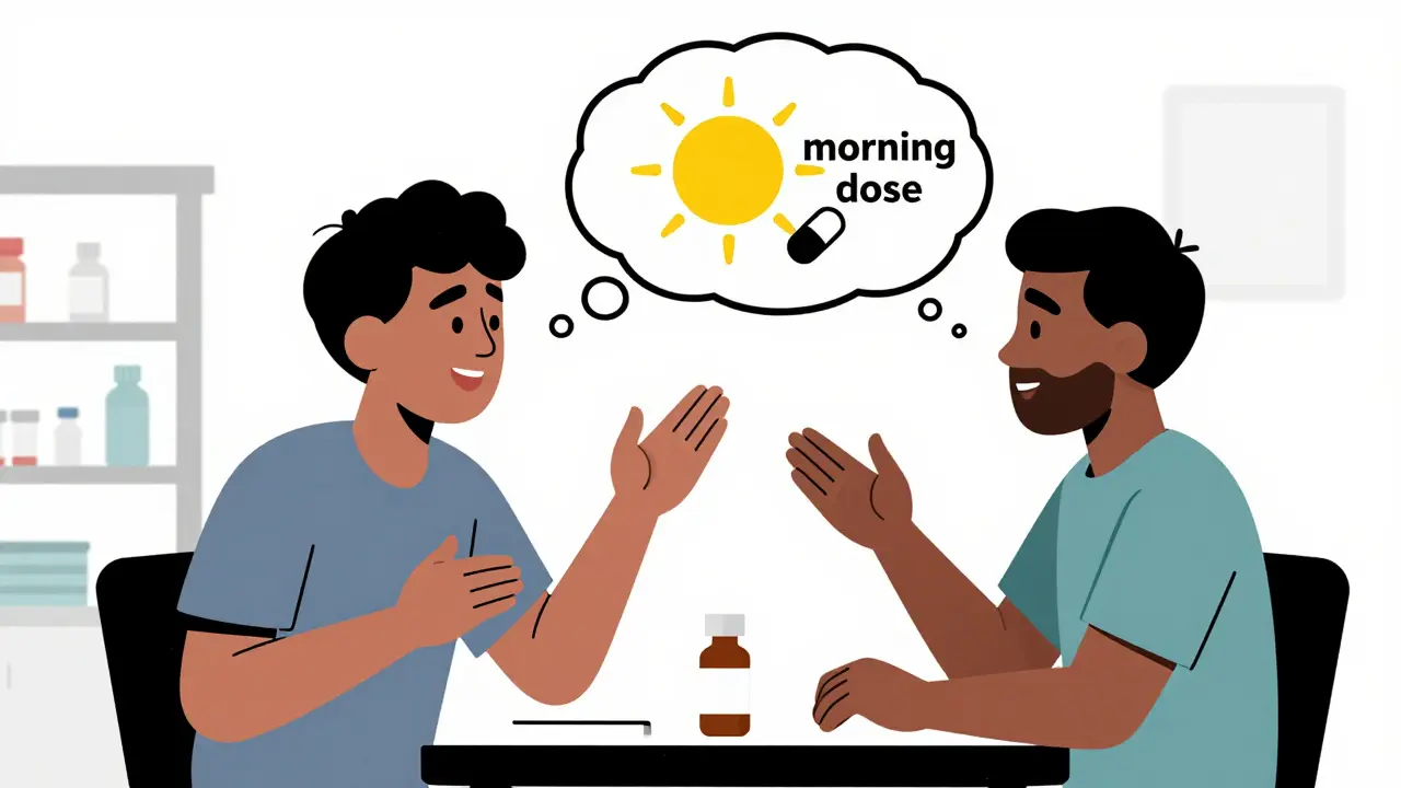 A patient explaining medication instructions back to a pharmacist using the teach-back method