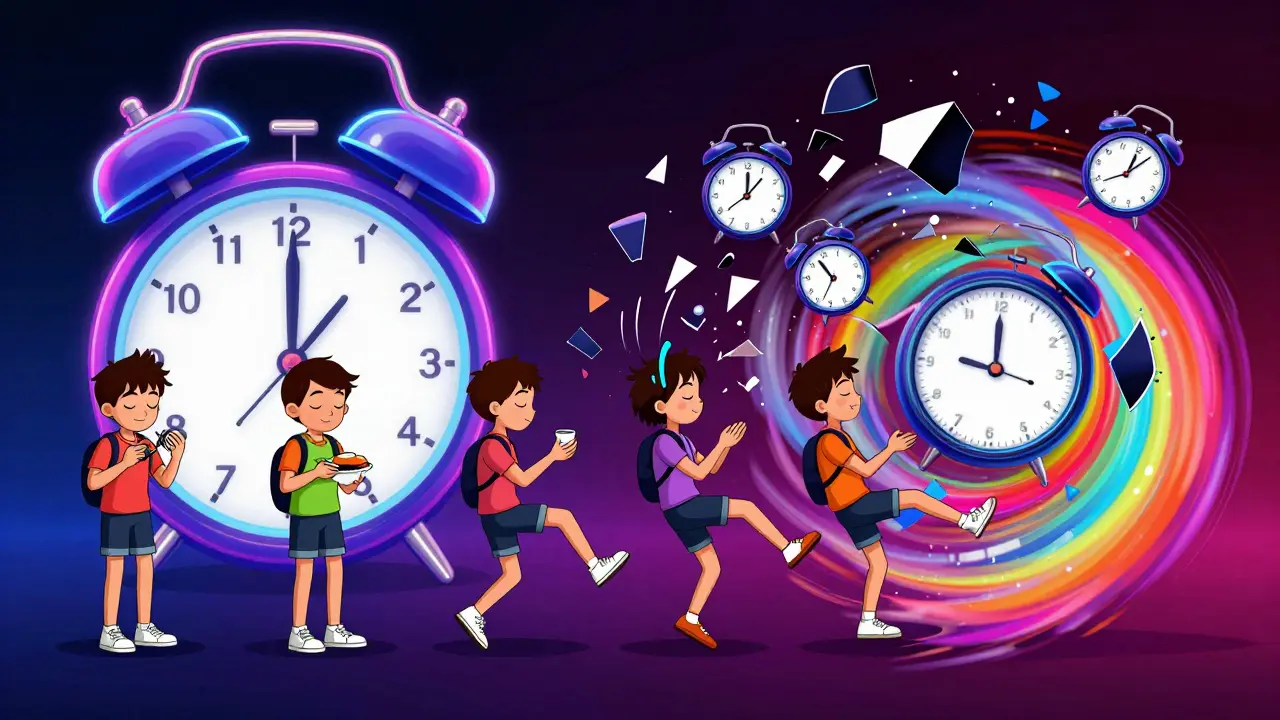 A person following a strict daily routine next to a chaotic scene of mood cycling.