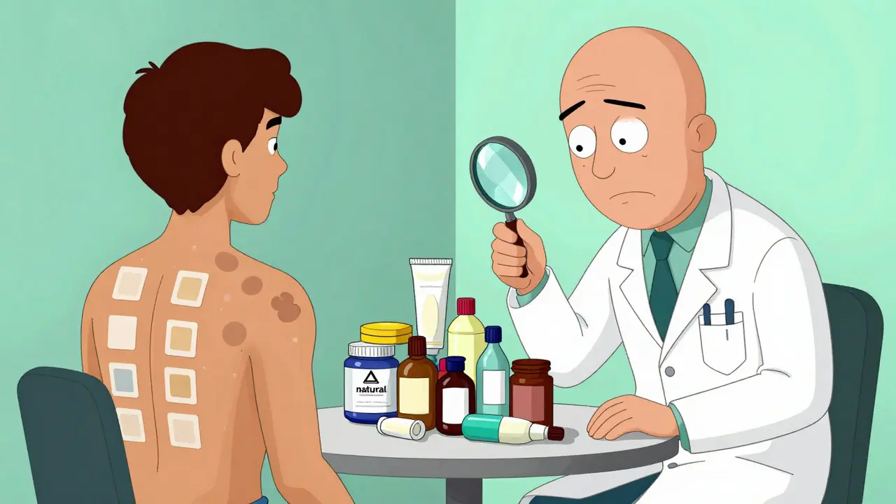 Cartoon depiction of a patient with patch tests on their back and a collection of medicine tubes nearby.