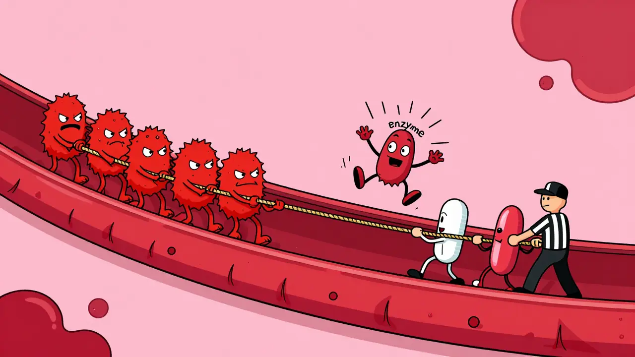 Cartoon depiction of blood thinners and clots in a tug-of-war inside a blood vessel.