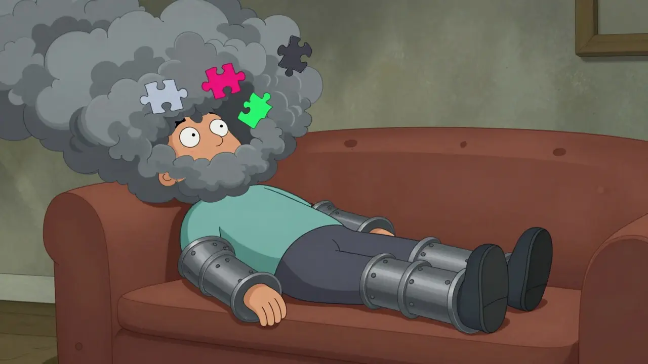 Character with limbs made of heavy lead pipes surrounded by a smoggy cloud of cognitive fog.