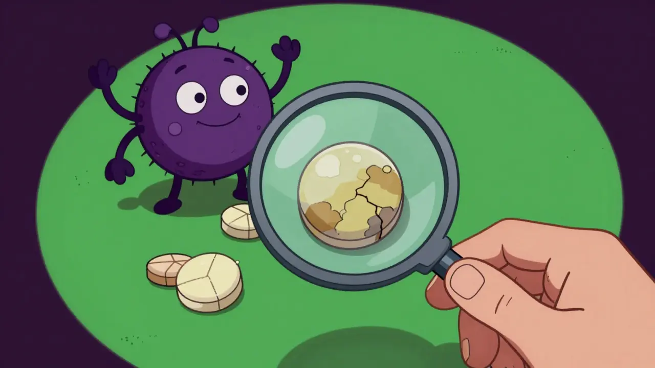 Close-up of a discolored, crumbling pill viewed through a magnifying glass