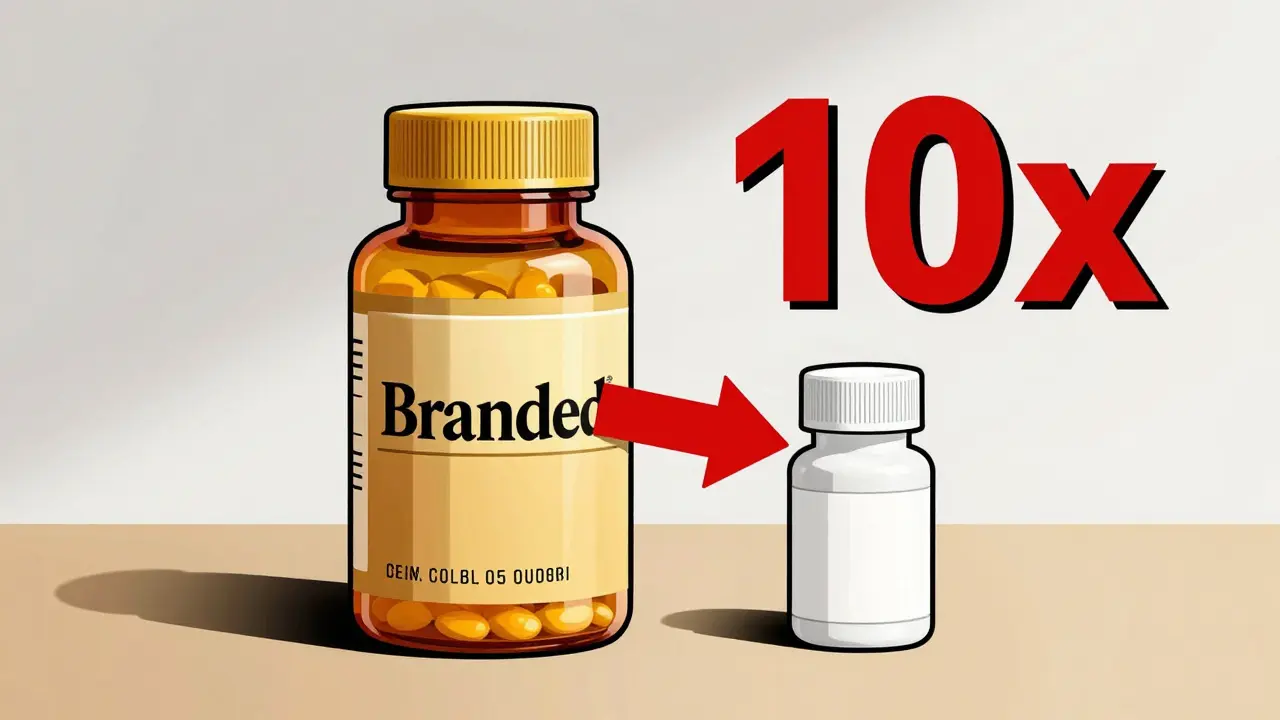 Comparison between an expensive branded pill bottle and a cheap generic version.