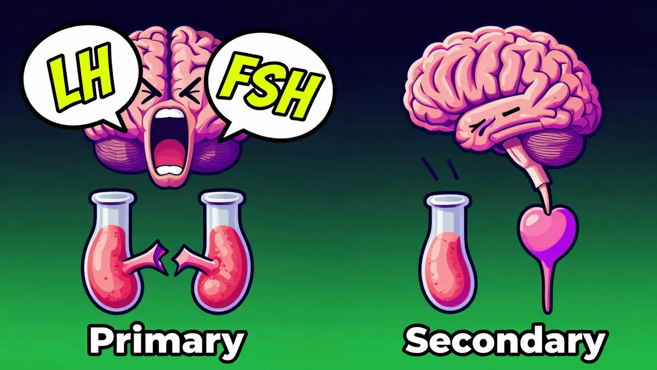 Conceptual illustration of primary and secondary hypogonadism signals.
