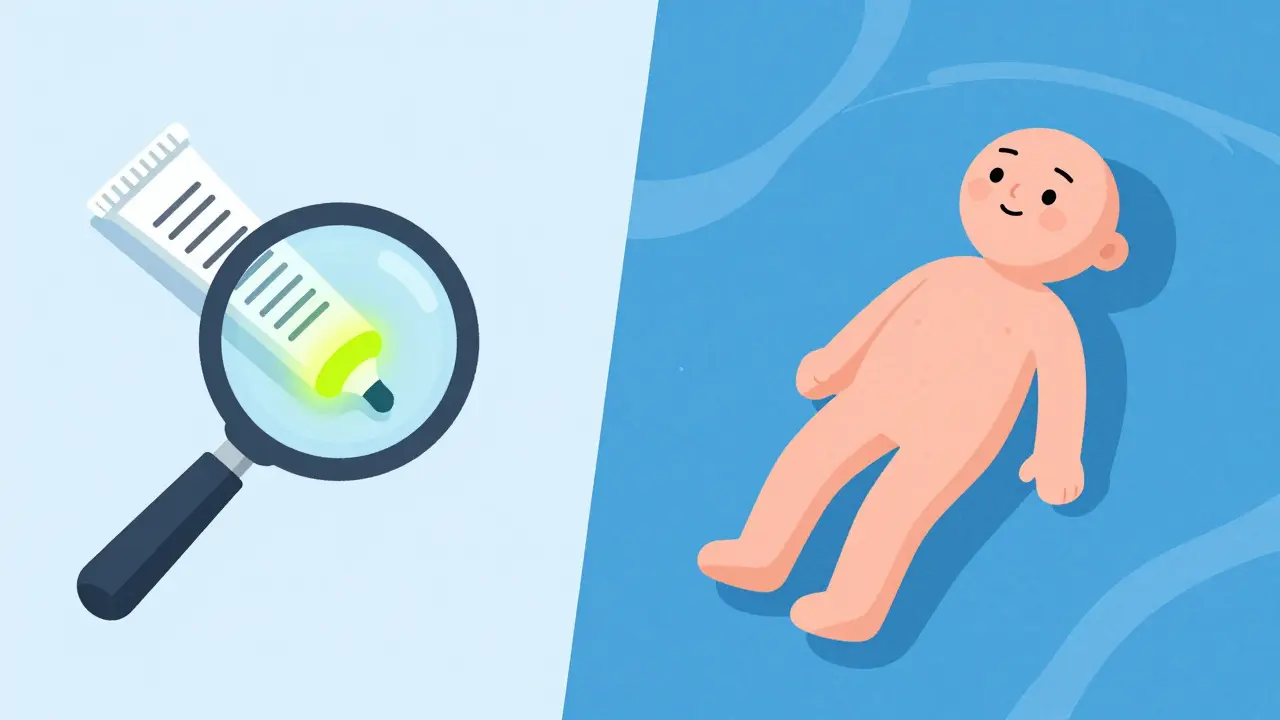 Illustration showing a magnifying glass scanning a label and a person with healed, clear skin.