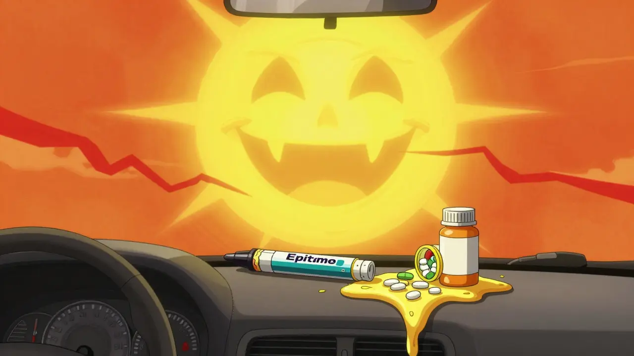 Medications melting on a car dashboard under a scorching sun