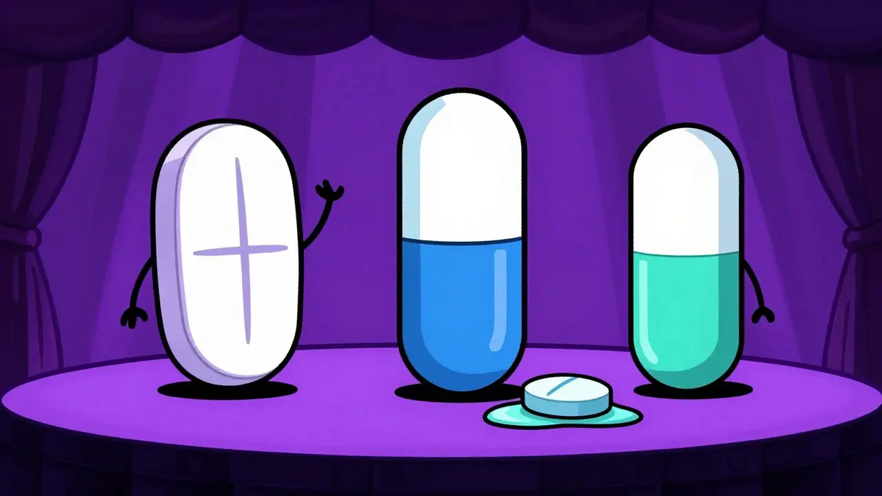 Stylized drawing showing different types of tablets and capsules in a neon color palette.