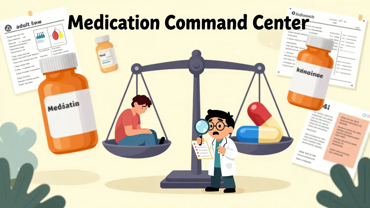 Stylized scene of a doctor balancing blood thinners and antivirals on a giant scale.