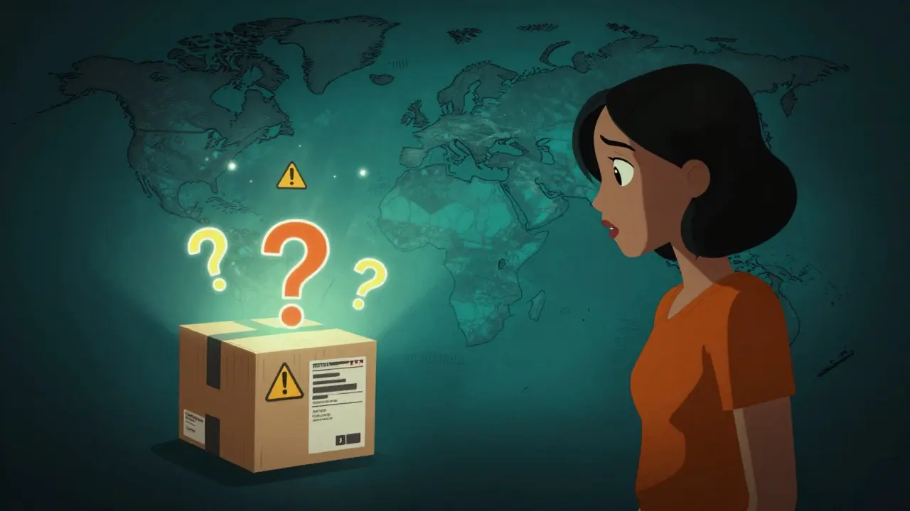 Woman skeptically examining a medication package delivered from abroad